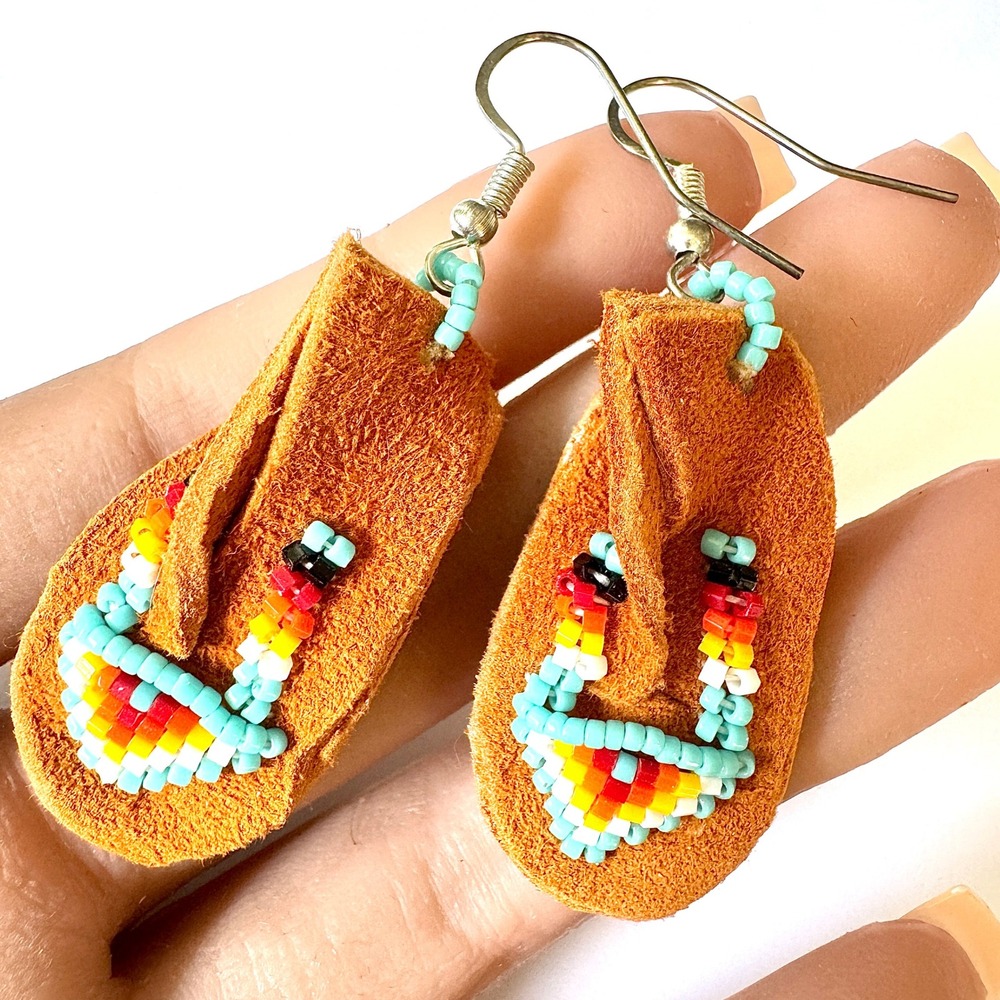 Navajo Moccasin Earrings Turquoise Native Amer Handmade Shoe Suede Mini Beaded B
